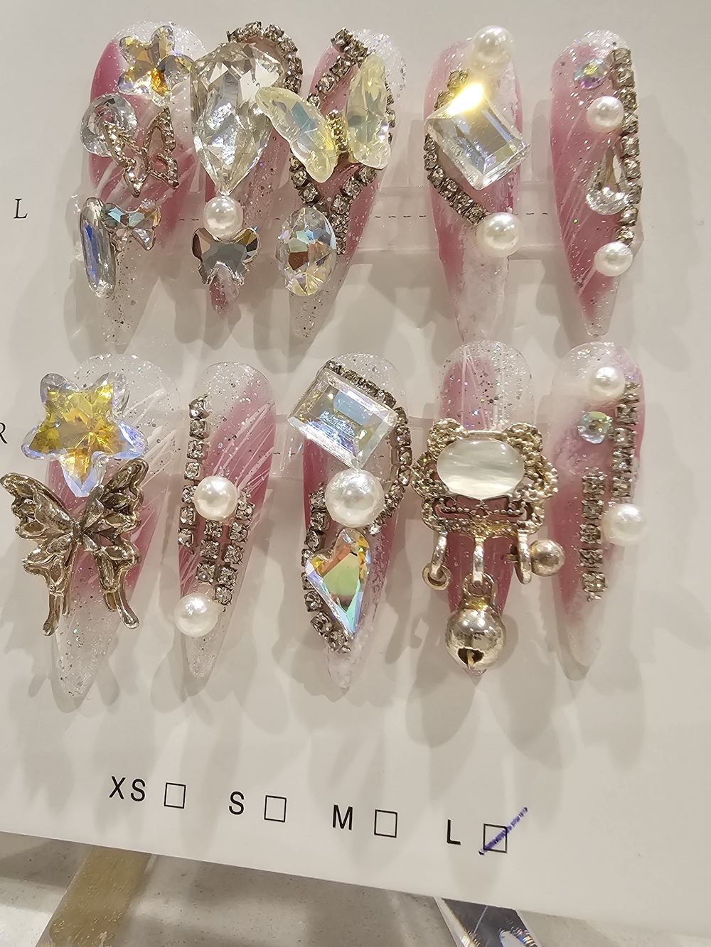 Crystal & Pearl Pink Press-On Nail Set with Butterfly Accents